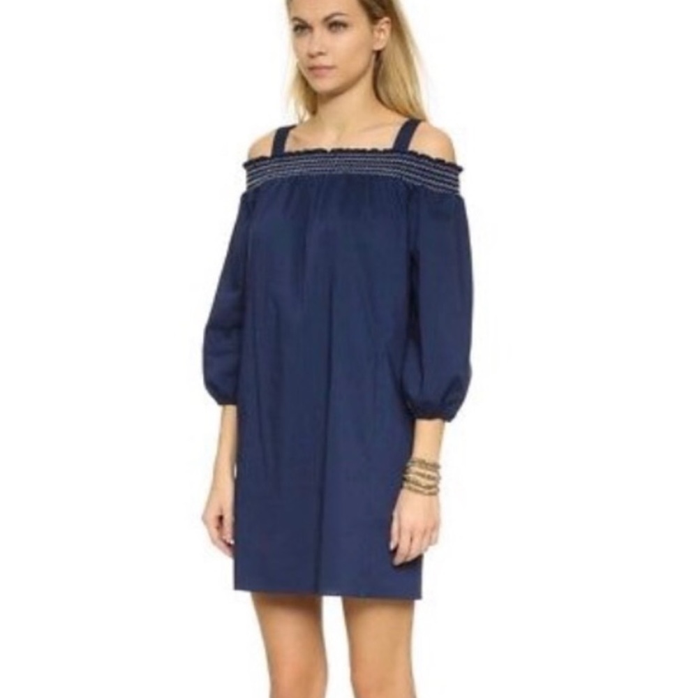 shoshanna off the shoulder navy smocked dress